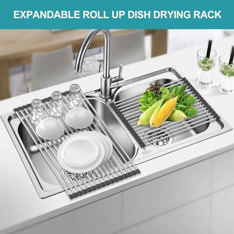 BBXTYLY Extra Expandable Roll Up Dish Drying Rack,Over The Sink Drying Rack Sink Cover Kitchen Sink Accessories Kitchen Rolling up Stainless Steel Drainer, Foldable,Rollable（Black，22.8''-12.4''） - Image 4